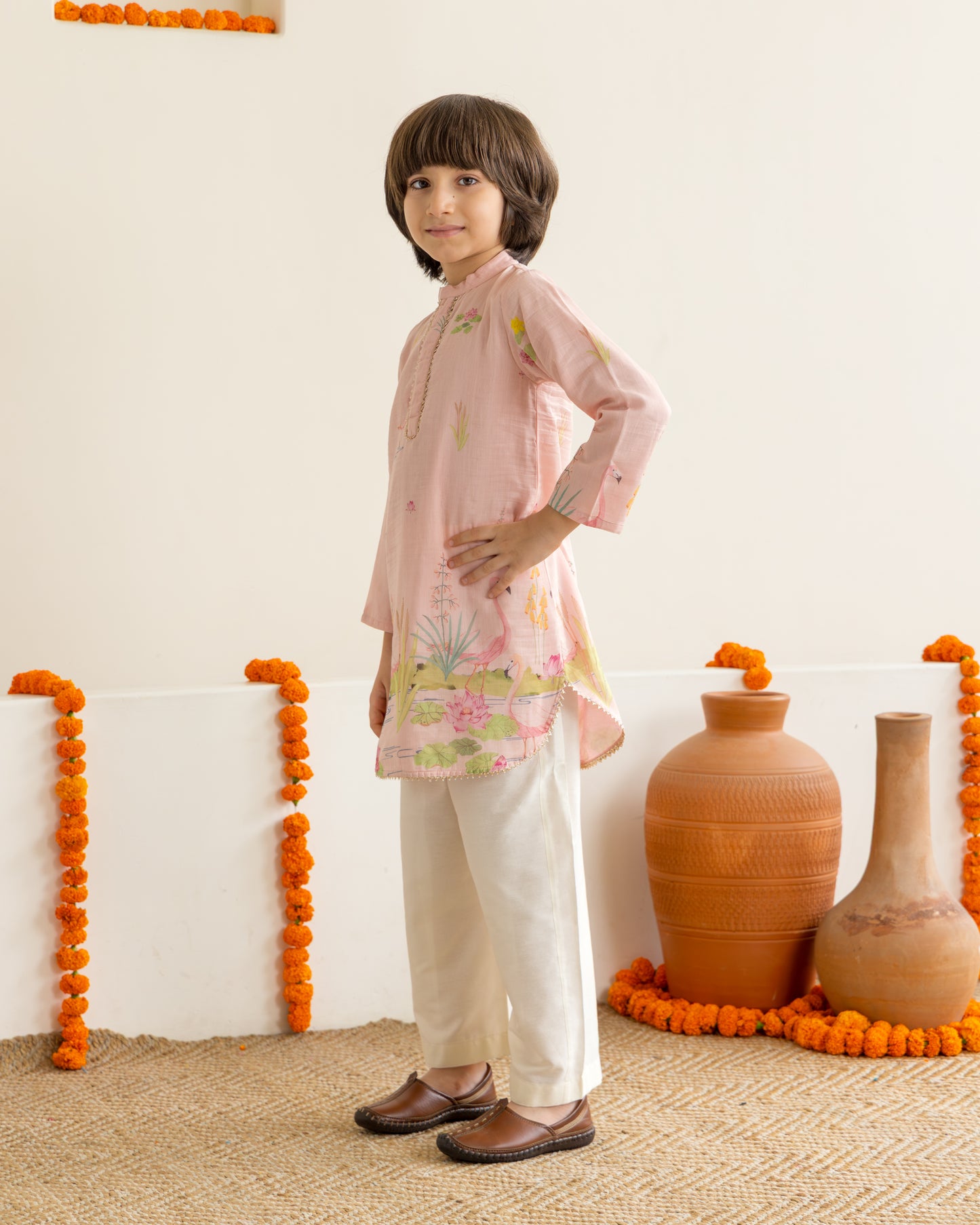 Peach Flamingo Kurta Set