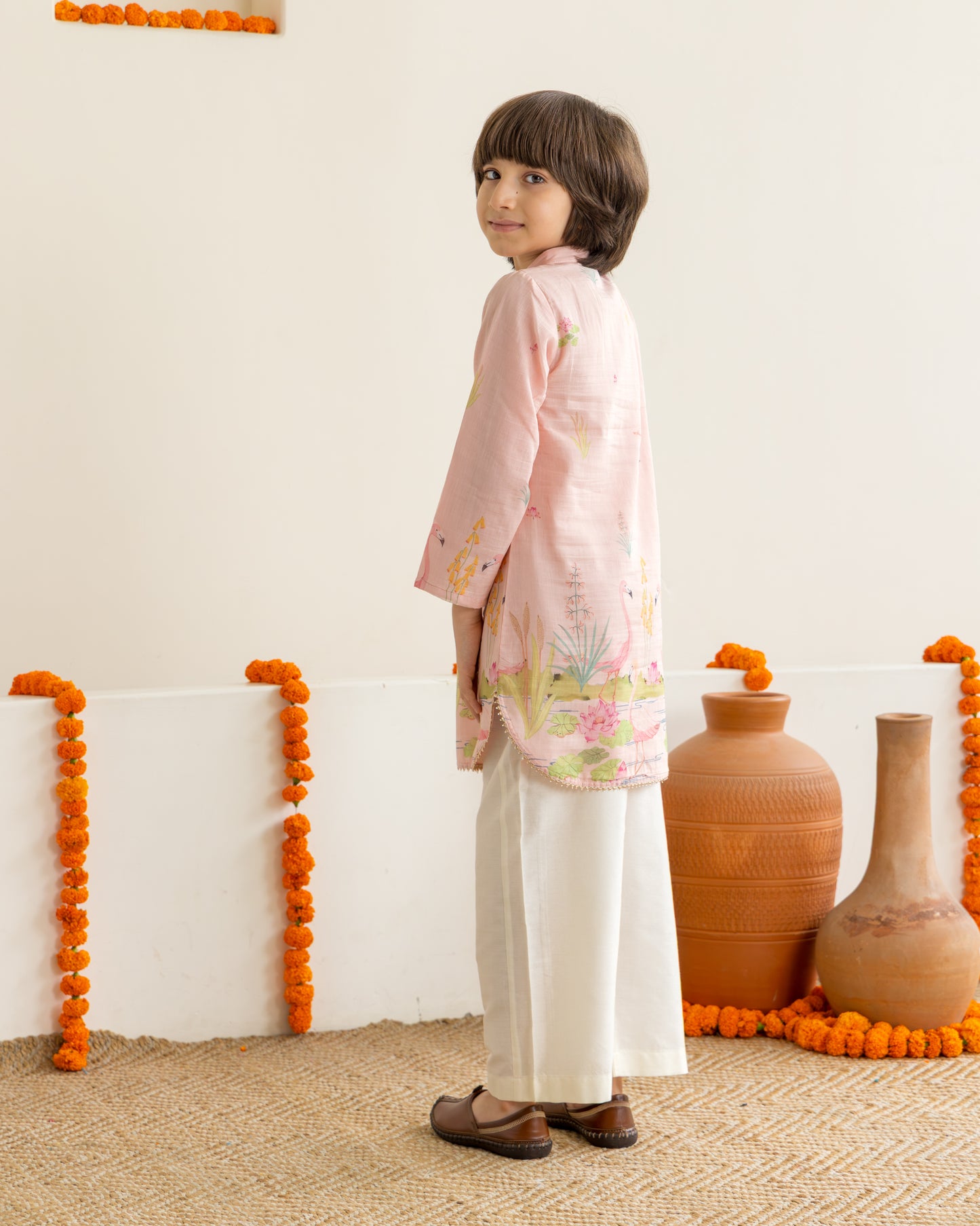 Peach Flamingo Kurta Set