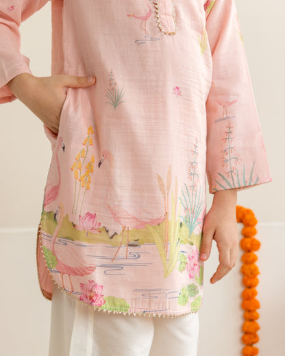 Peach Flamingo Kurta Set