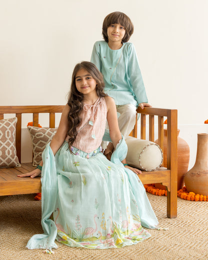 Lotus Print Kurta Set - Blue
