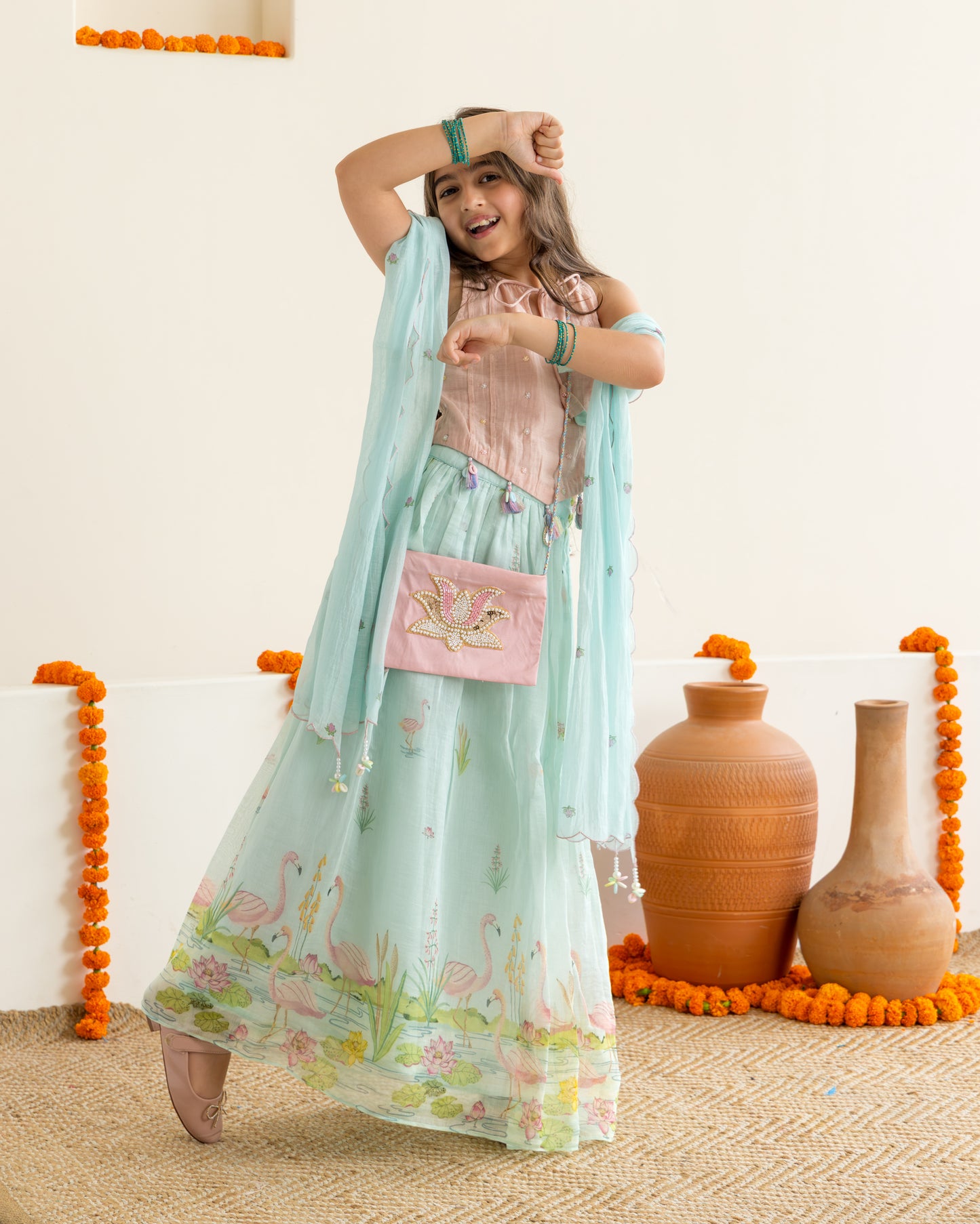Flamingo Lehenga Set- Blue