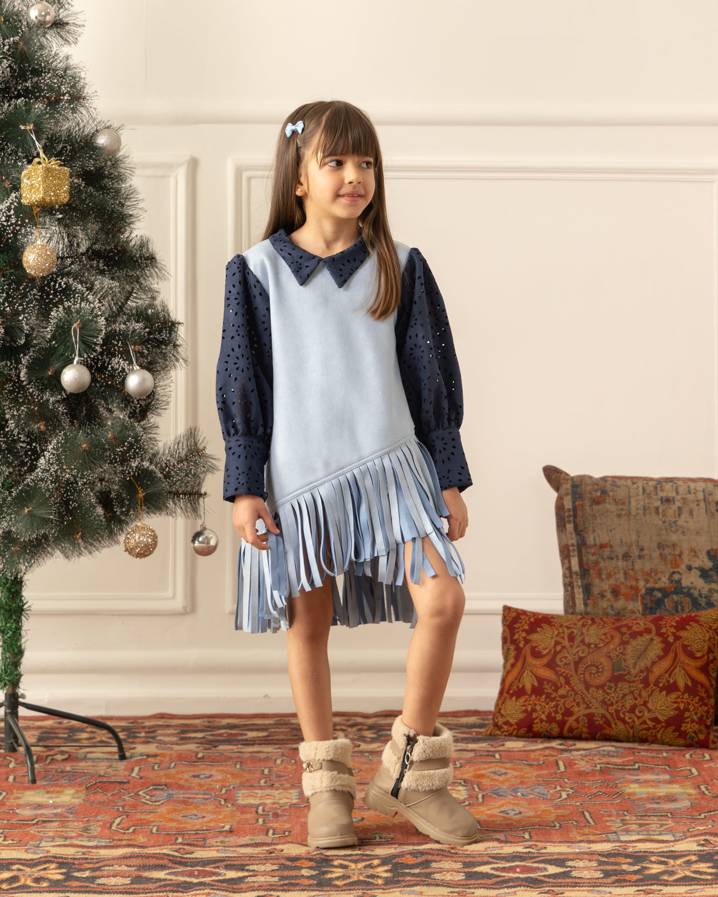 Suede Fringe Dress- Ice Blue