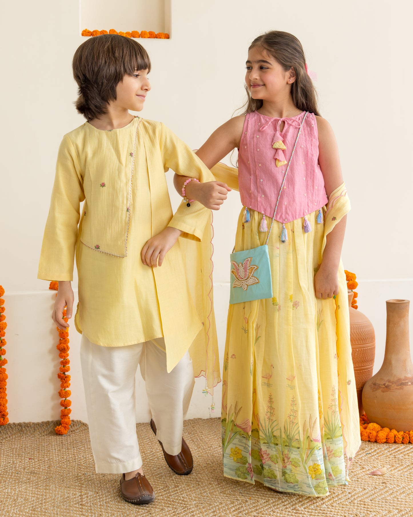 Lotus Print Kurta Set - Yellow