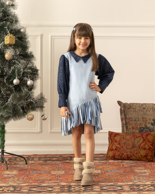 Suede Fringe Dress- Ice Blue