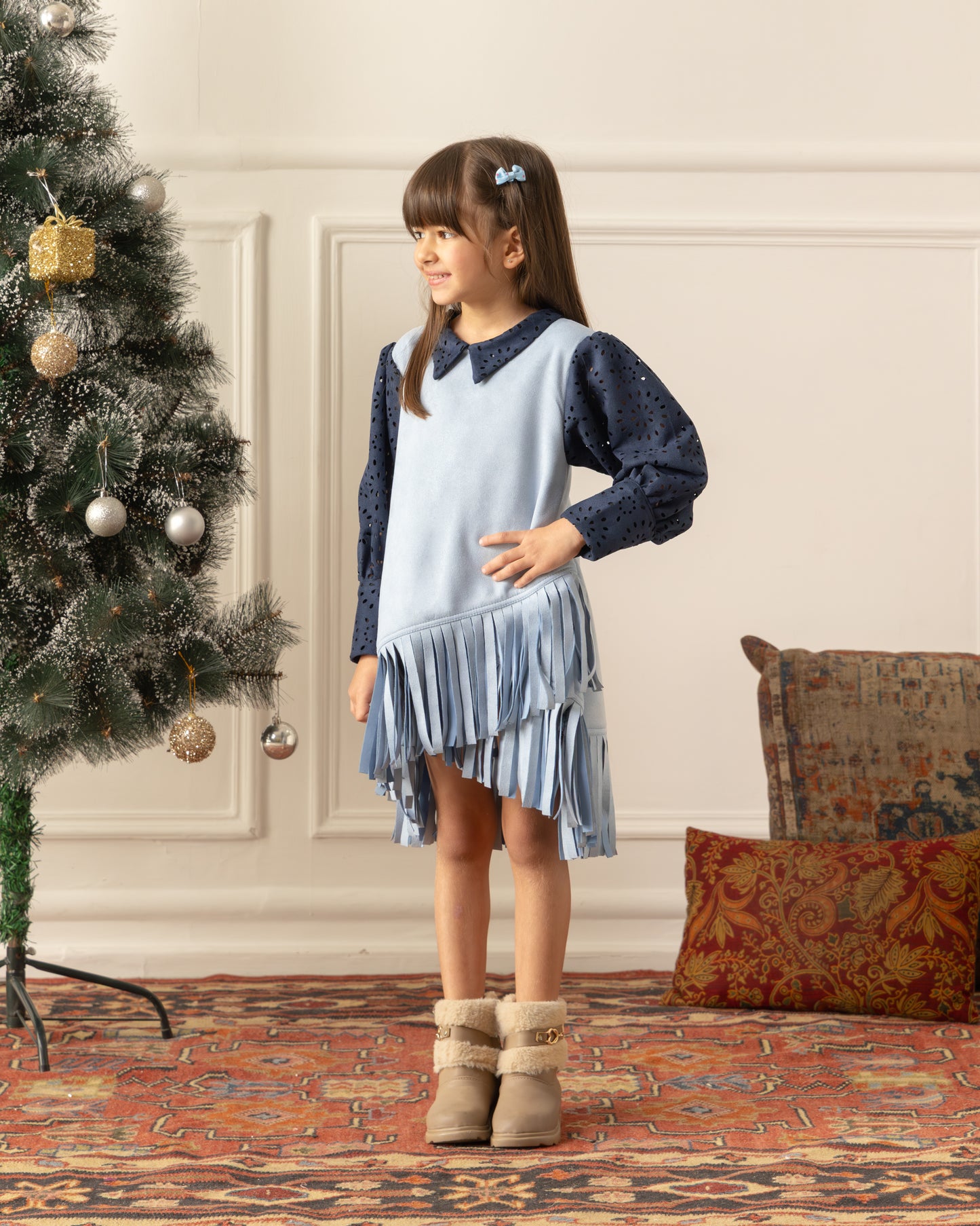 Suede Fringe Dress- Ice Blue