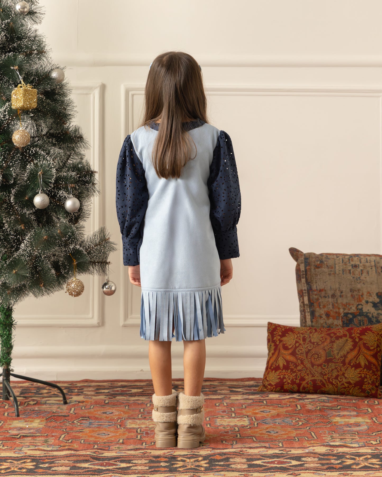 Suede Fringe Dress- Ice Blue