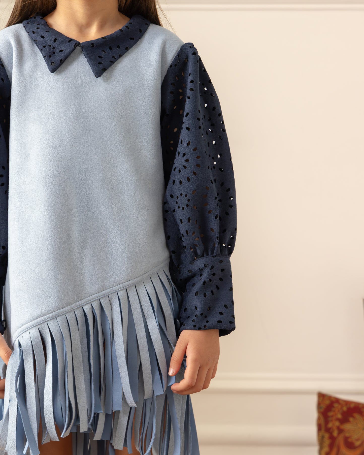 Suede Fringe Dress- Ice Blue