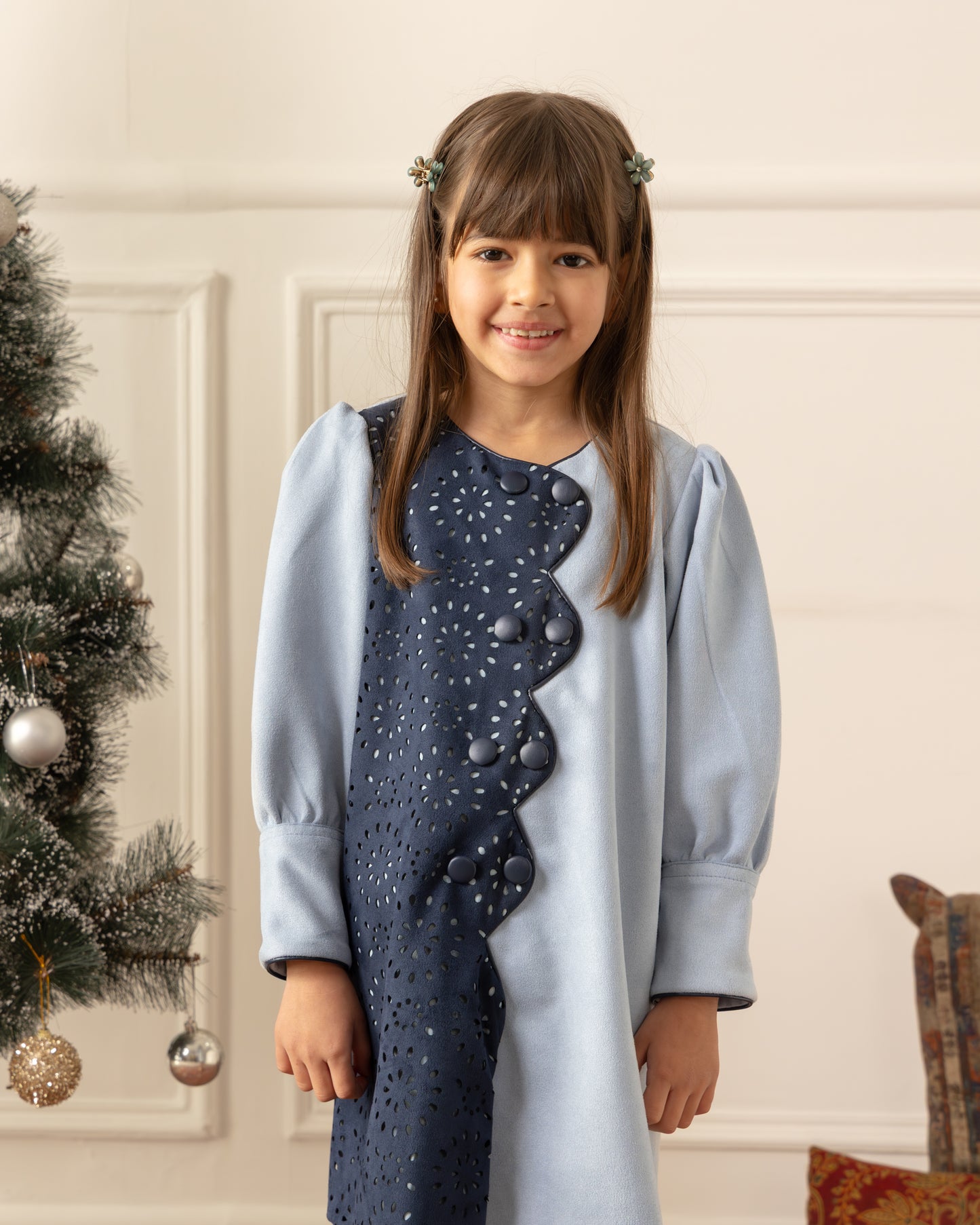 Suede Cutwork Dress-Ice Blue