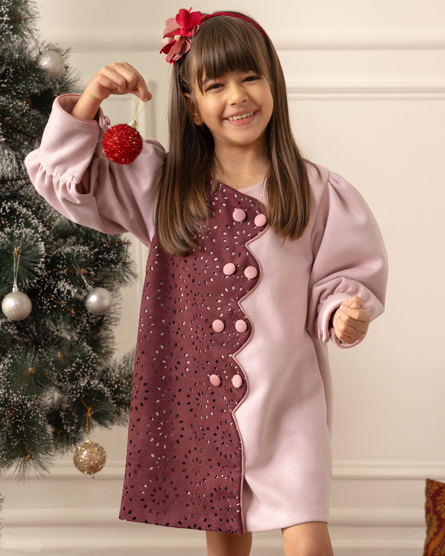 Suede Cutwork Dress-Rose