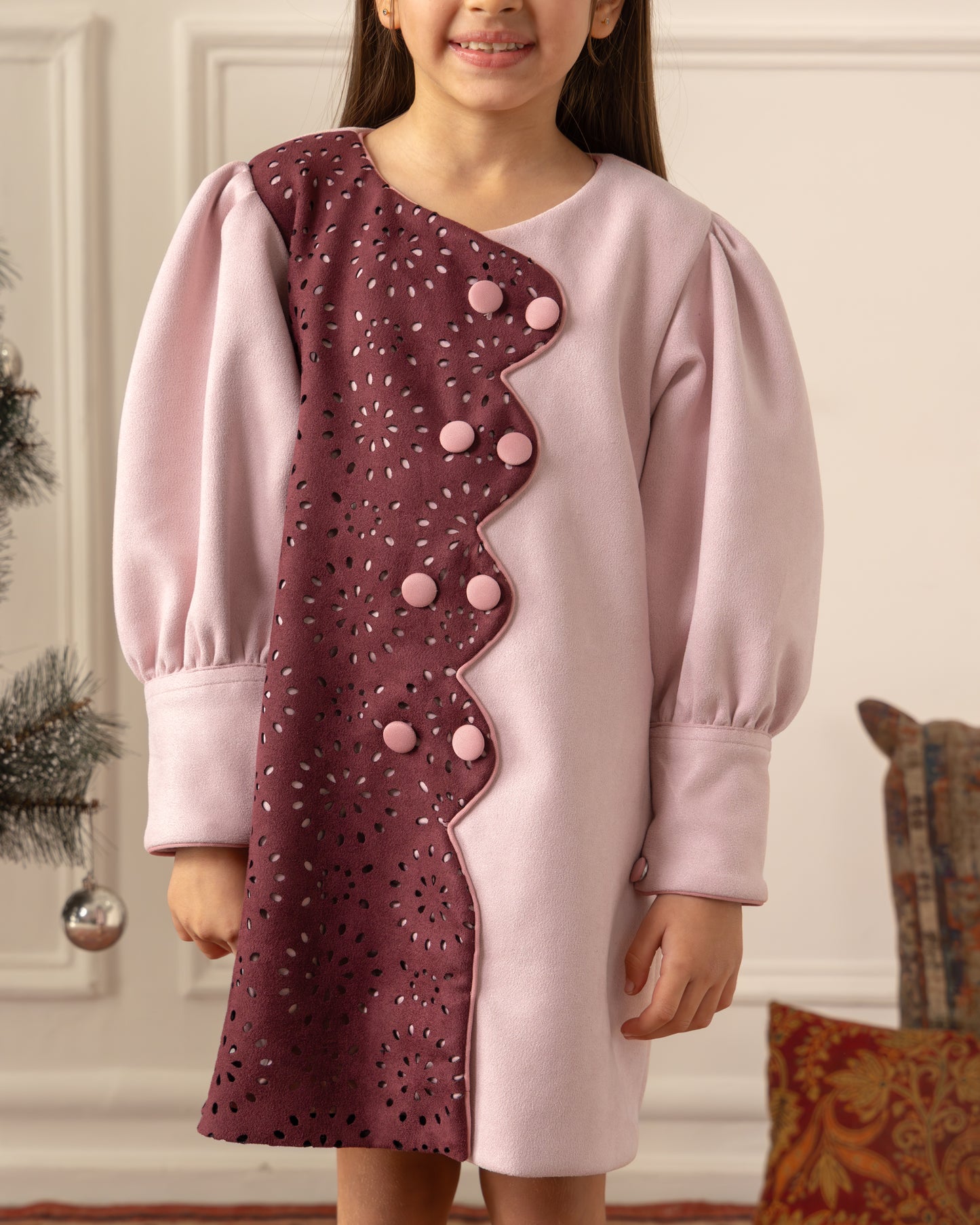 Suede Cutwork Dress-Rose