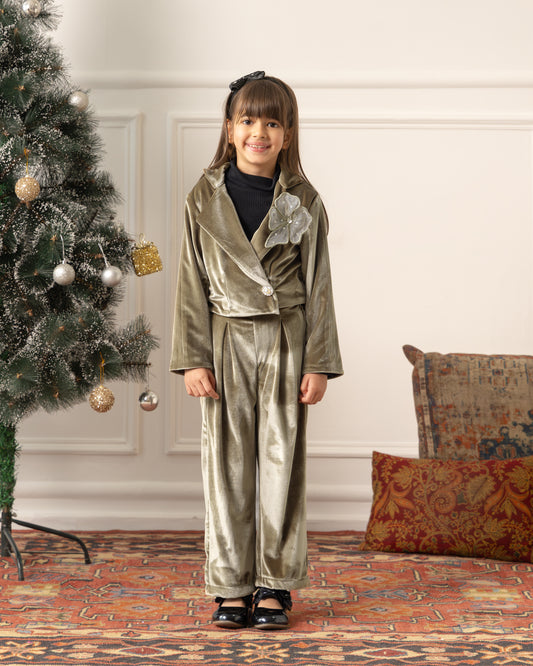 Cropped Blazer With Flared Pants- Champagne Gold