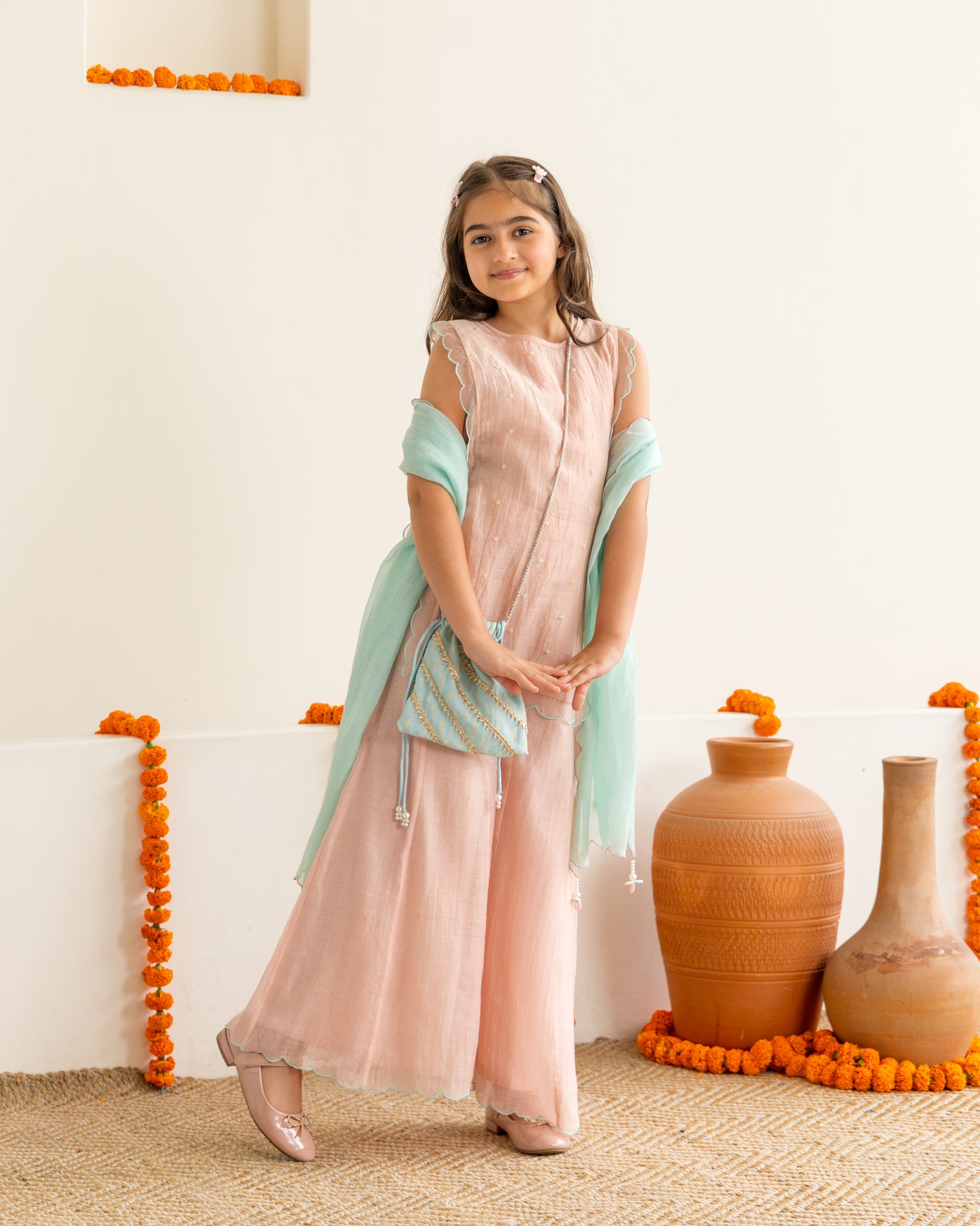 Sharara With Beaded Overlay Set- Peach