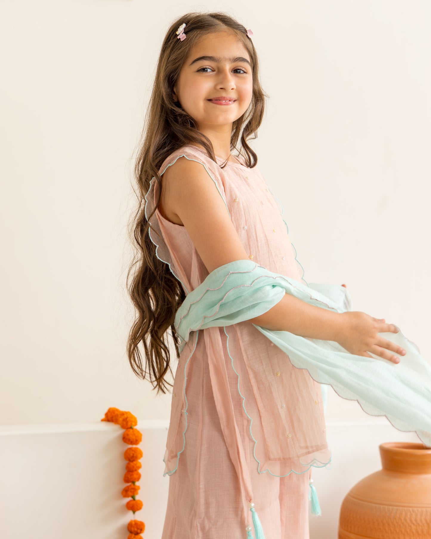 Sharara With Beaded Overlay Set- Peach