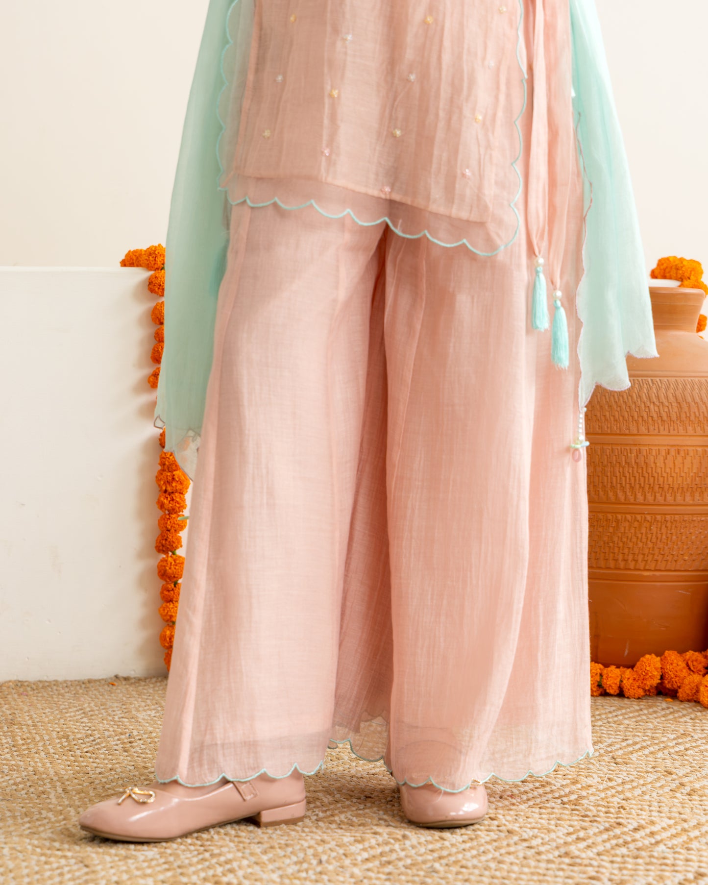 Sharara With Beaded Overlay Set- Peach