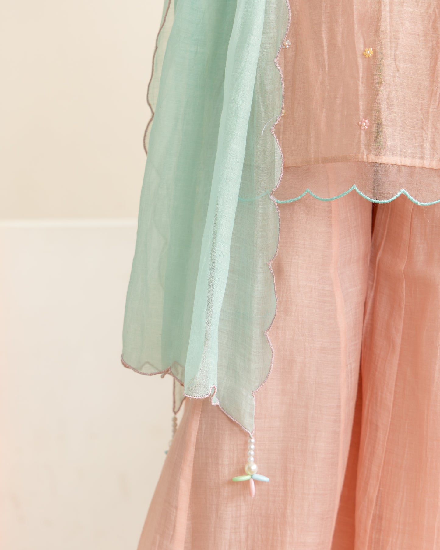 Sharara With Beaded Overlay Set- Peach