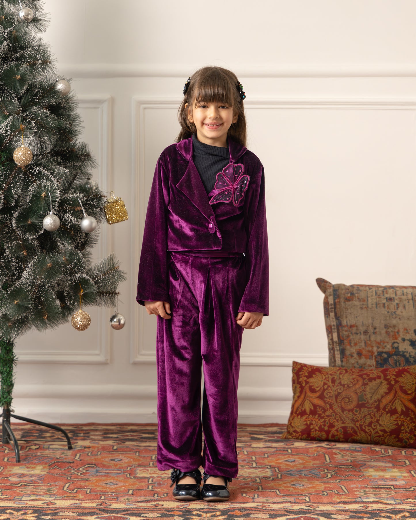 Cropped Blazer With Flared Pants- Royal Wine