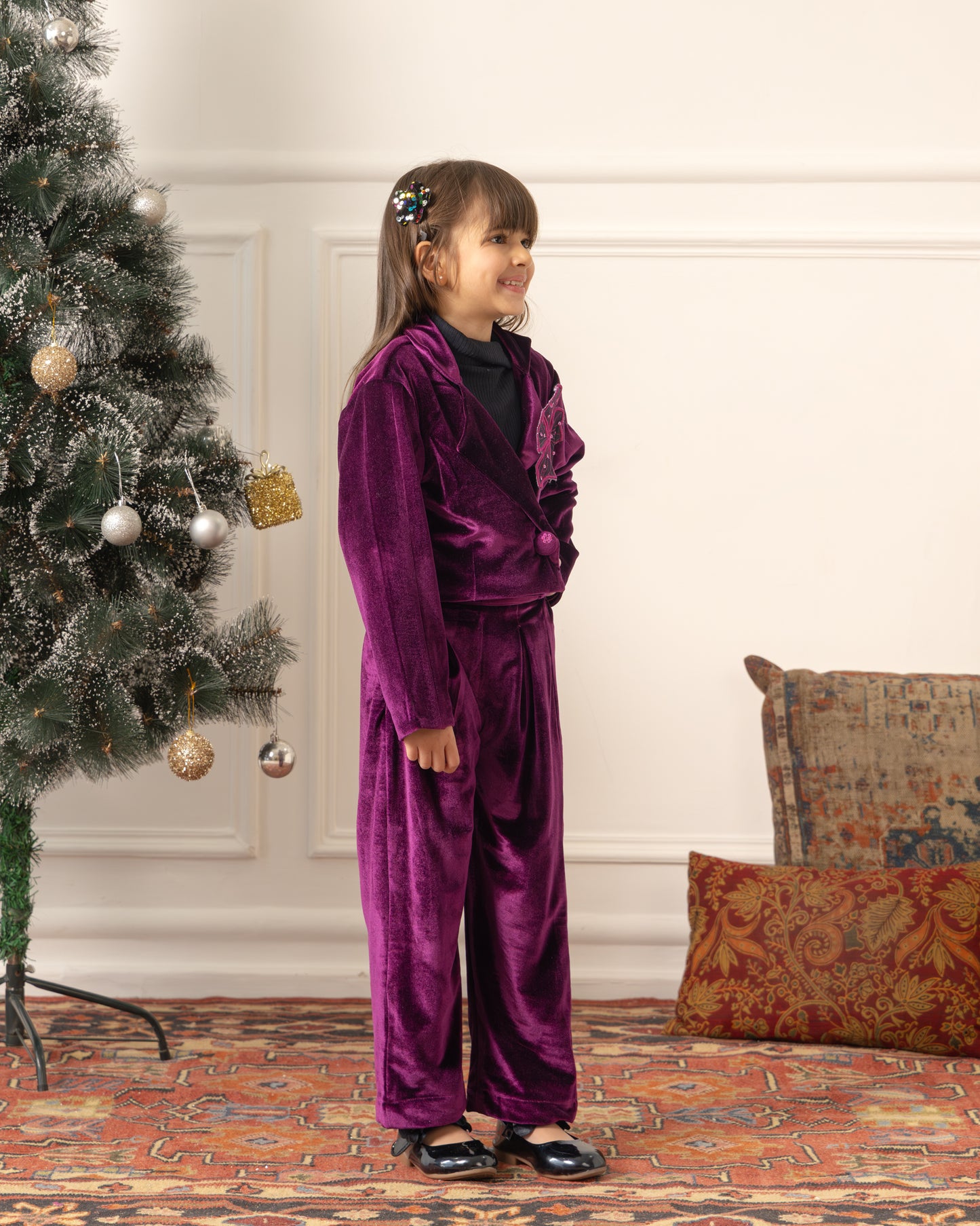 Cropped Blazer With Flared Pants- Royal Wine