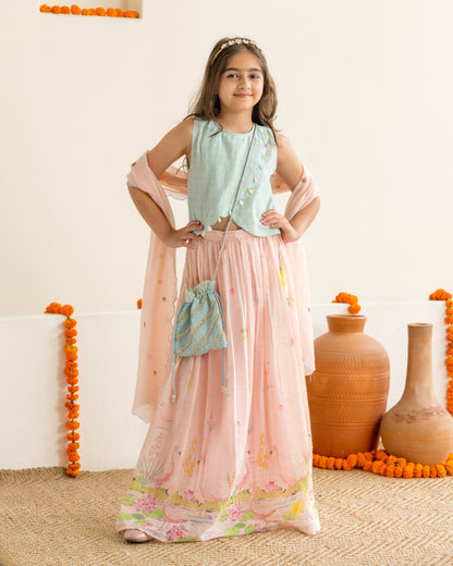 Flamingo Lehenga Set- Mint & Peach