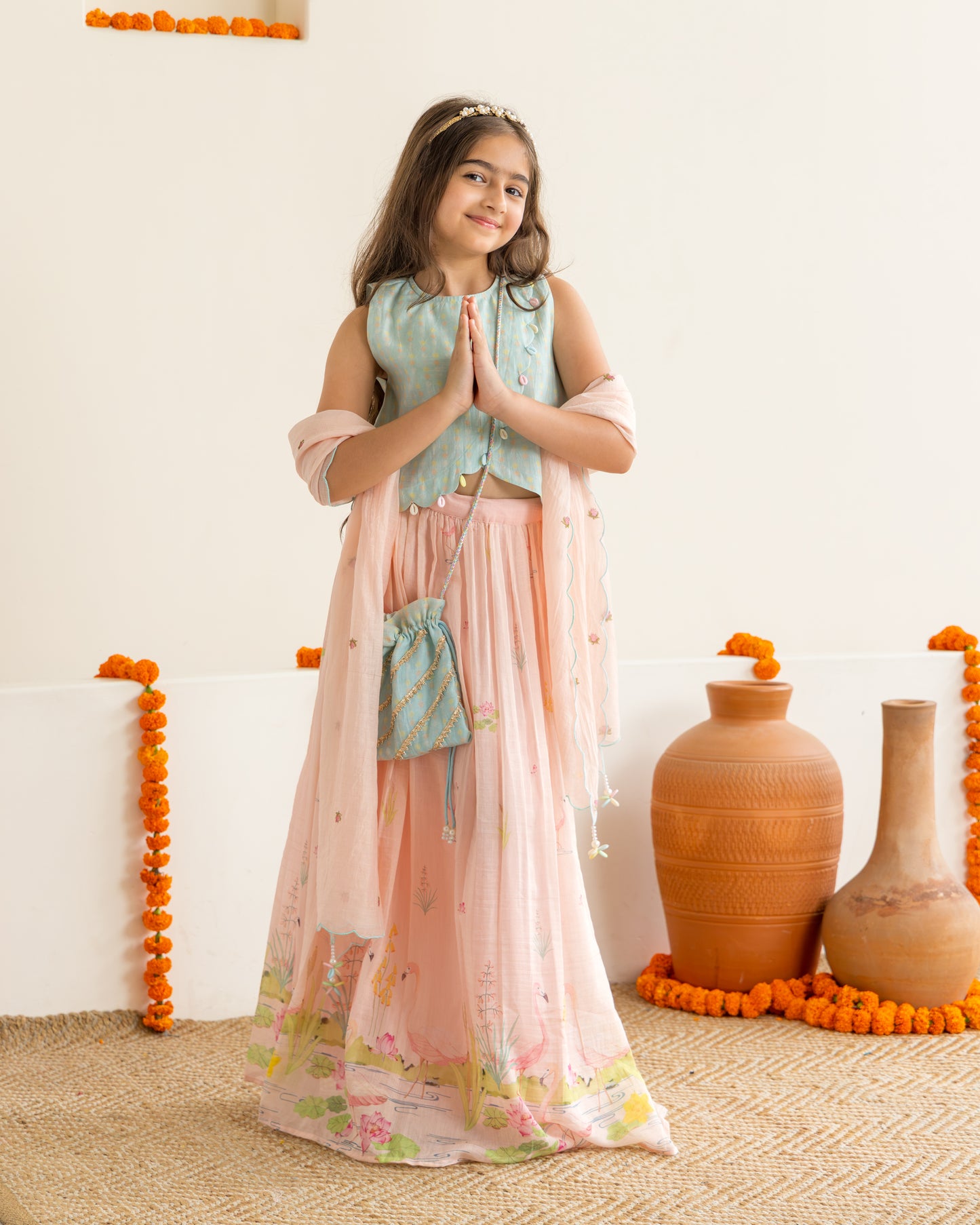 Flamingo Lehenga Set- Mint & Peach
