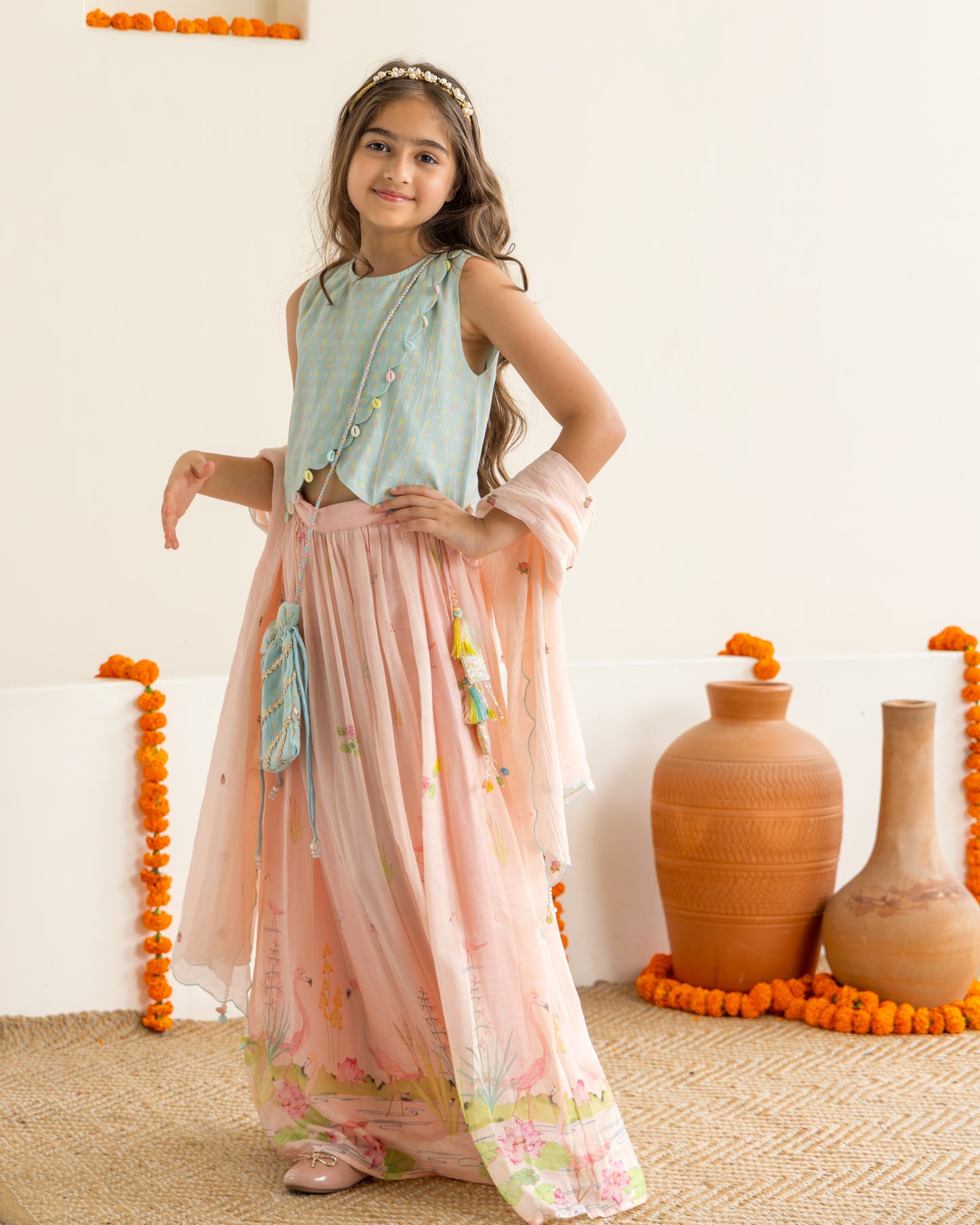 Flamingo Lehenga Set- Mint & Peach