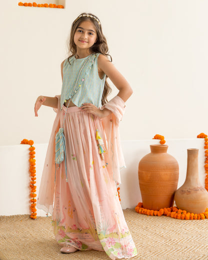 Flamingo Lehenga Set- Mint & Peach