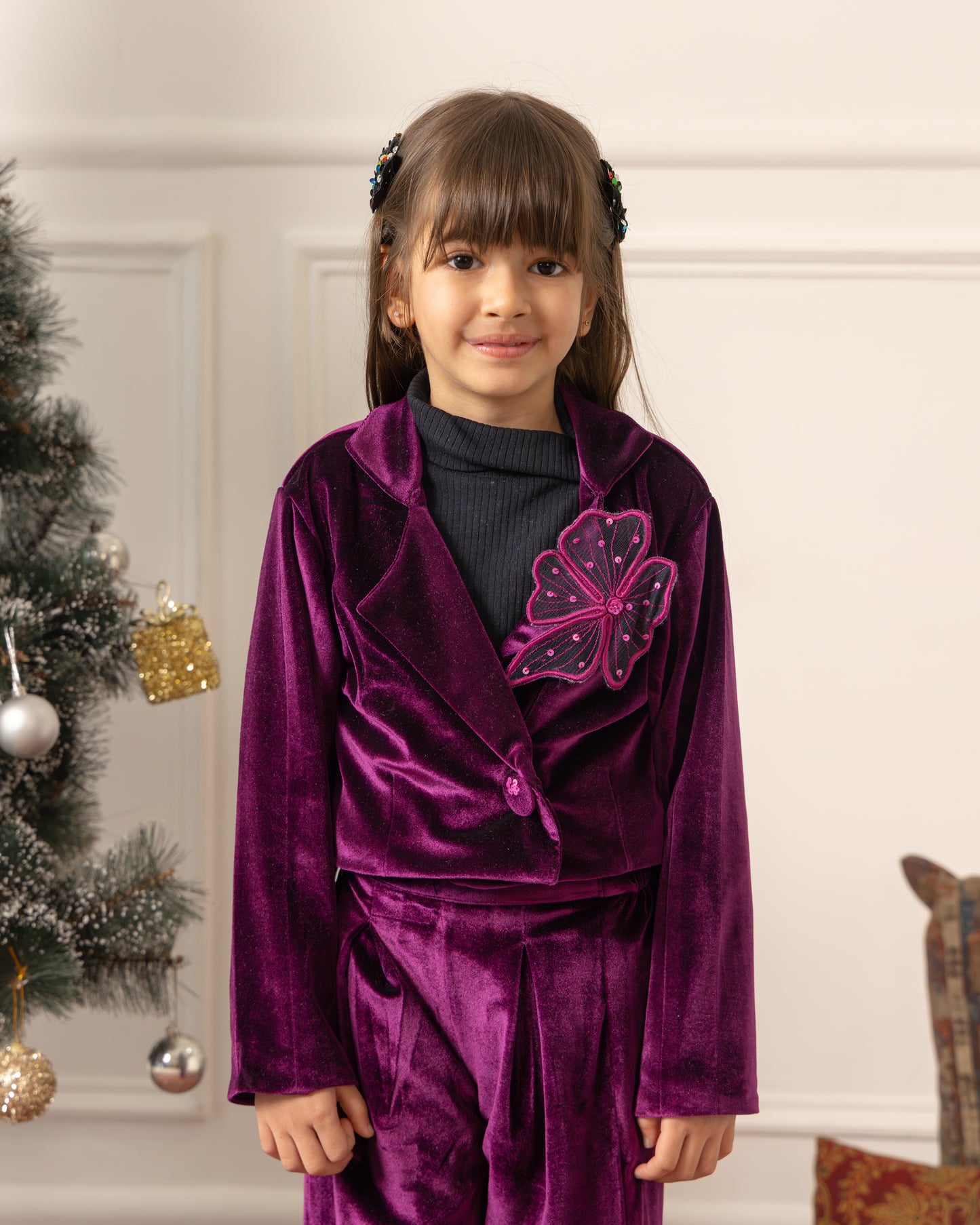 Cropped Blazer With Flared Pants- Royal Wine