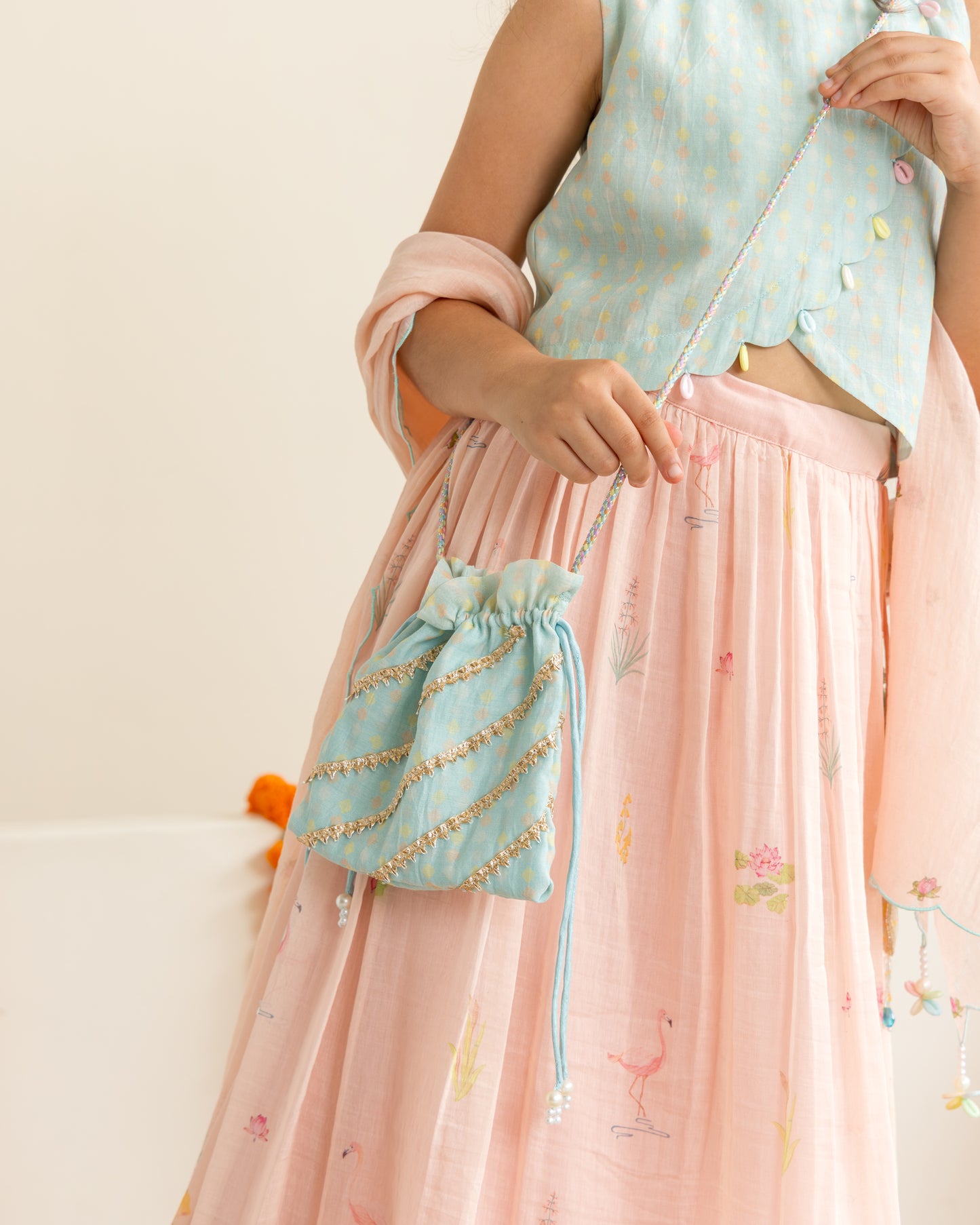 Flamingo Lehenga Set- Mint & Peach