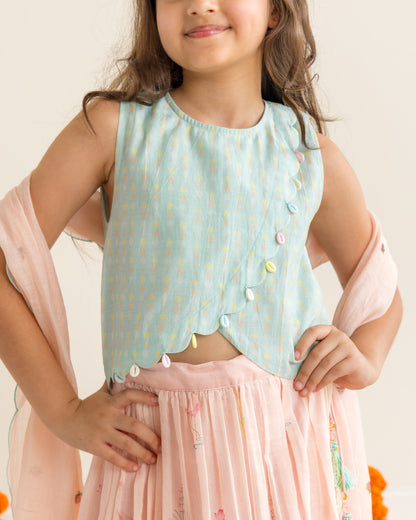 Flamingo Lehenga Set- Mint & Peach
