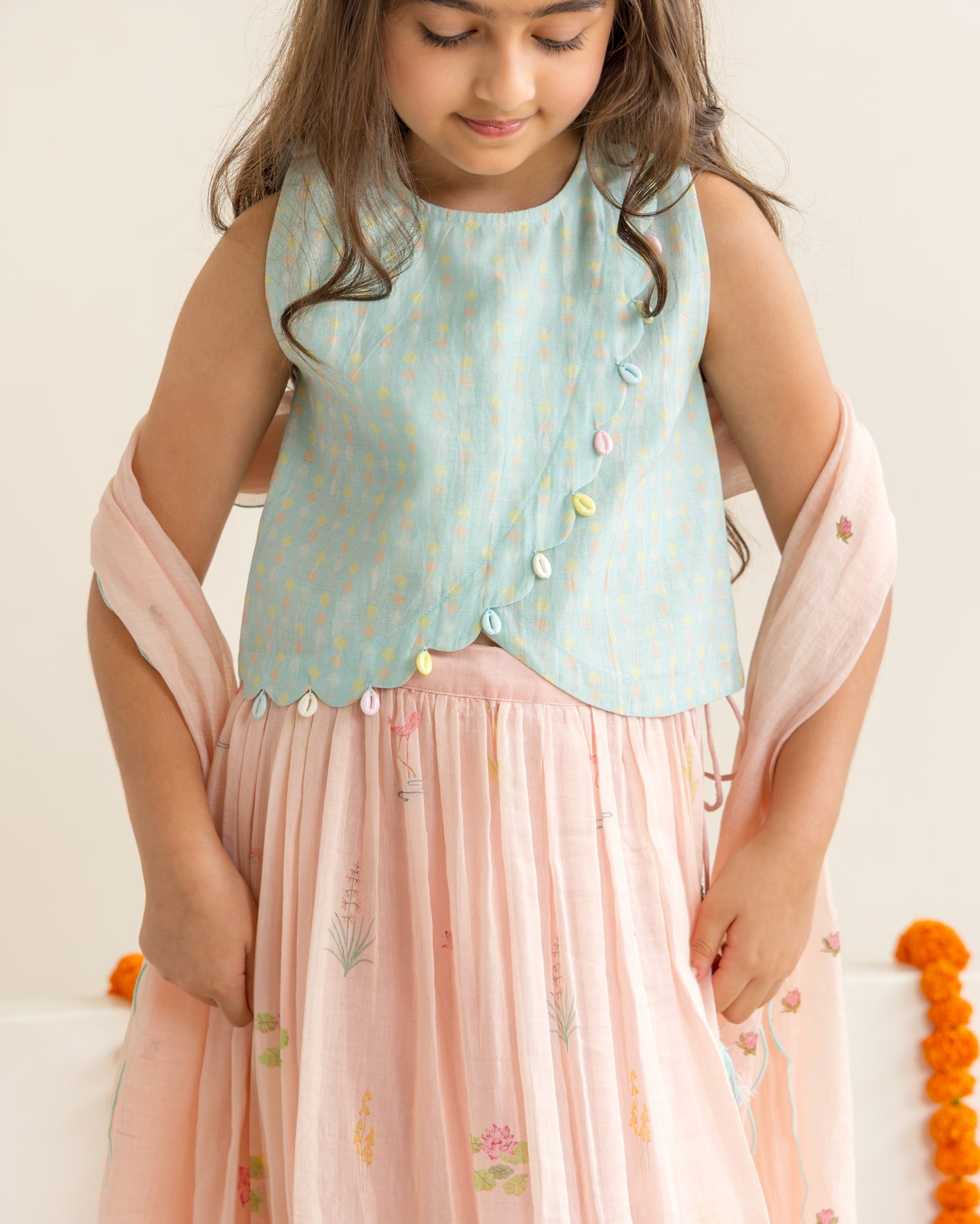 Flamingo Lehenga Set- Mint & Peach