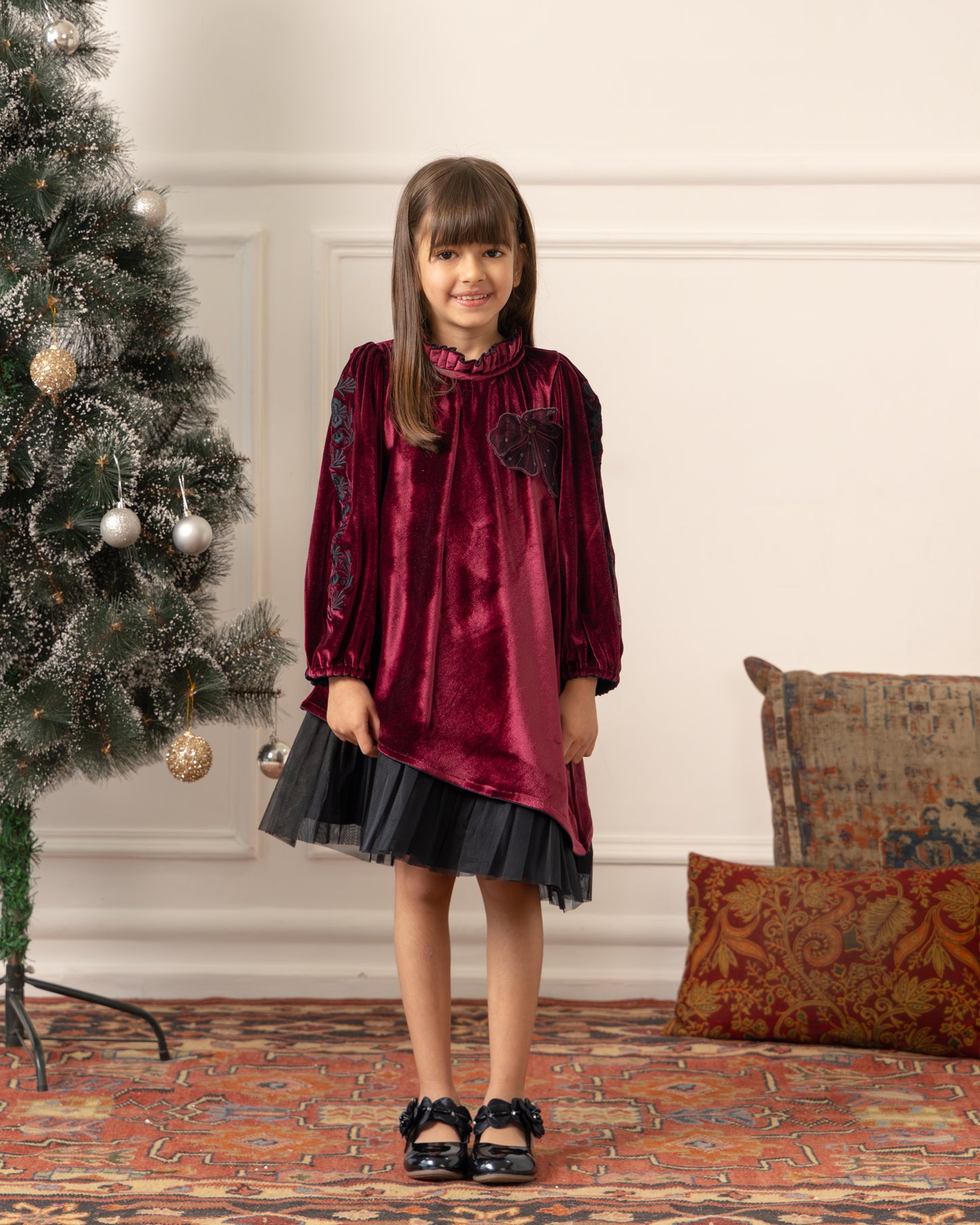 Embroidered Velvet Dress- Imperial Maroon