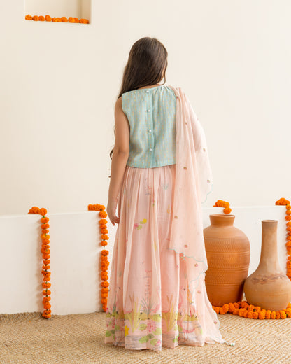 Flamingo Lehenga Set- Mint & Peach