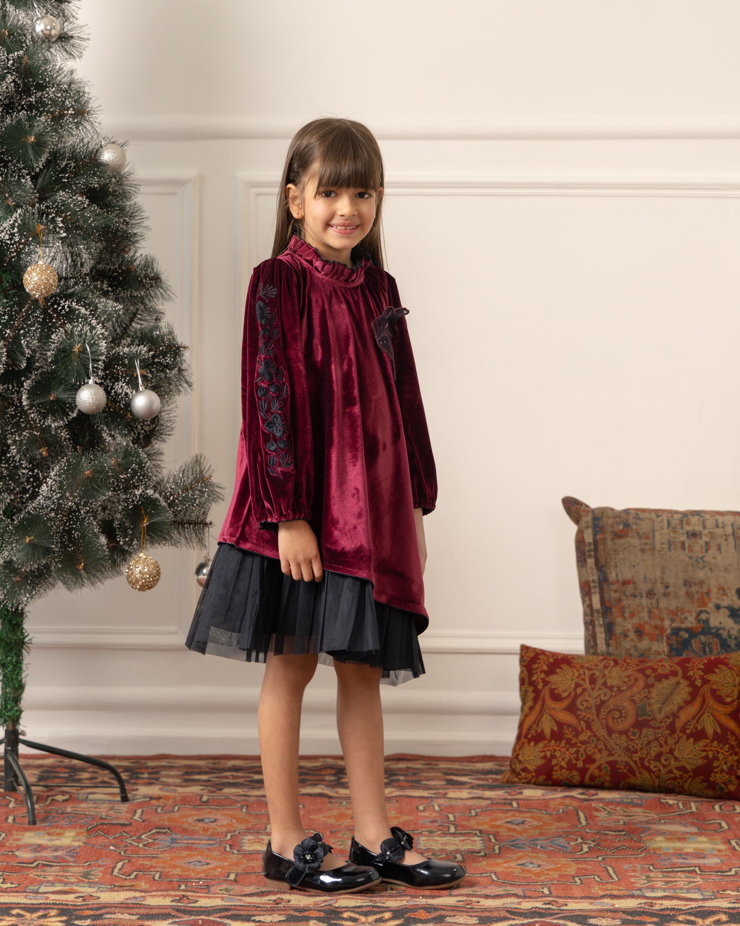 Embroidered Velvet Dress- Imperial Maroon