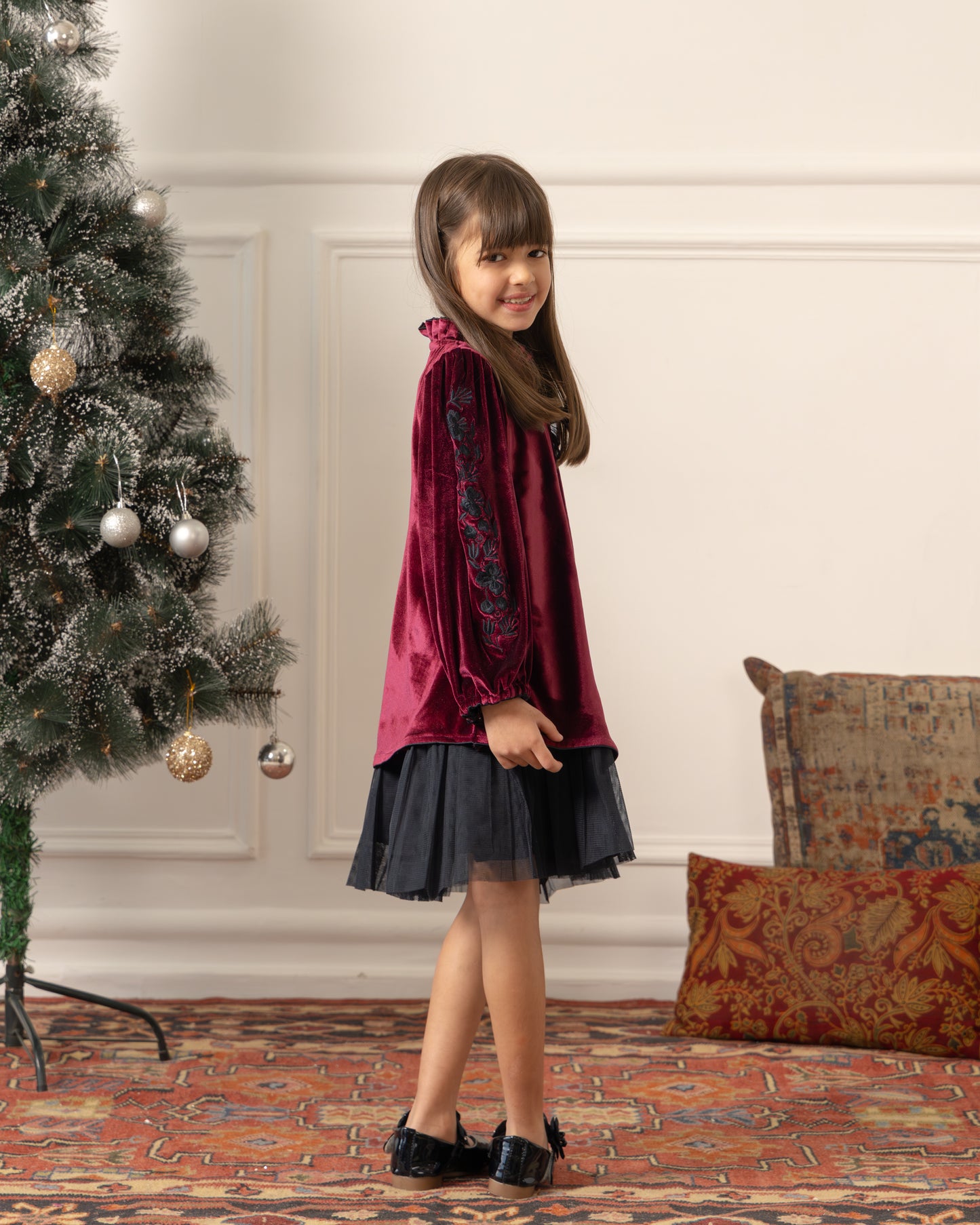 Embroidered Velvet Dress- Imperial Maroon
