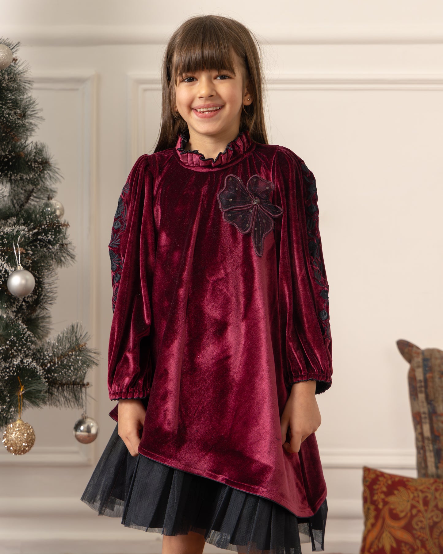 Embroidered Velvet Dress- Imperial Maroon