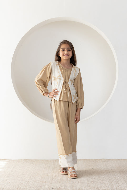 Beige Palms Waistcoat Co-ord Set